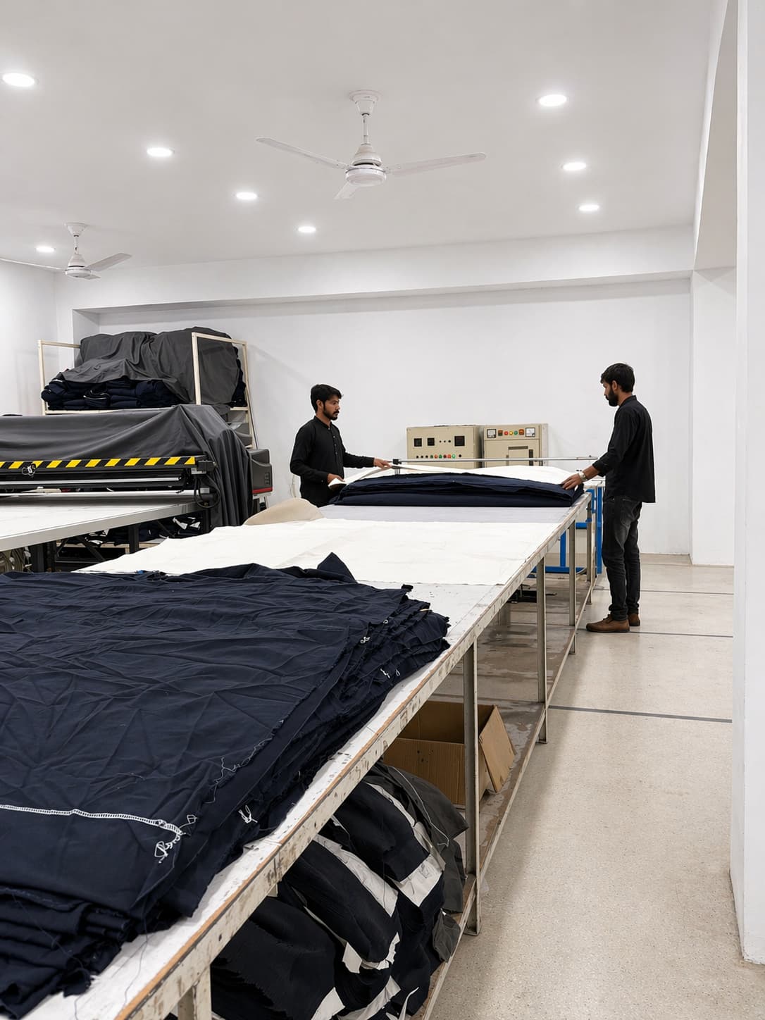 Workers spreading navy fabric across industrial spreading tables