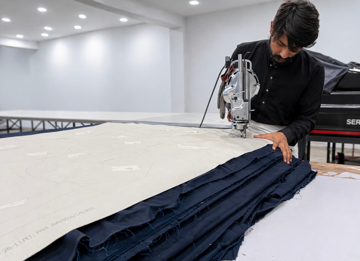 Worker using rotary cutter on layered navy fabric