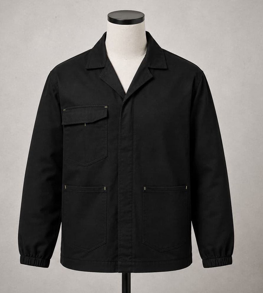 Black industrial utility work jacket with flap pockets