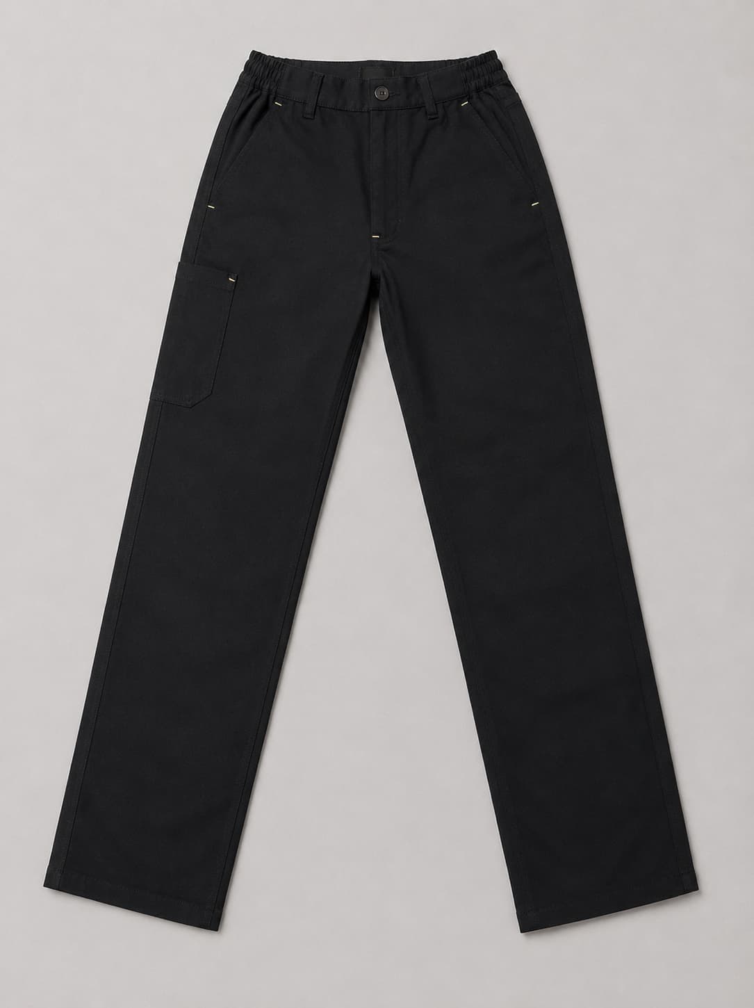 Black utility work trouser with cargo pocket and reinforced stress points