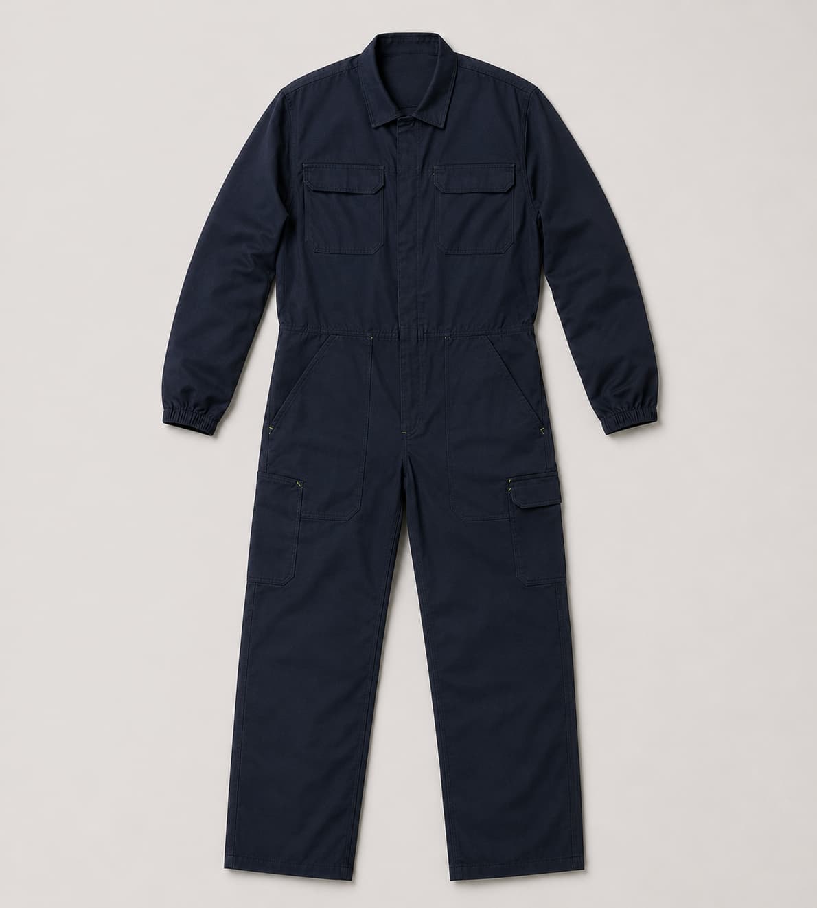 Navy technical utility coverall with cargo pockets and reinforced workwear construction