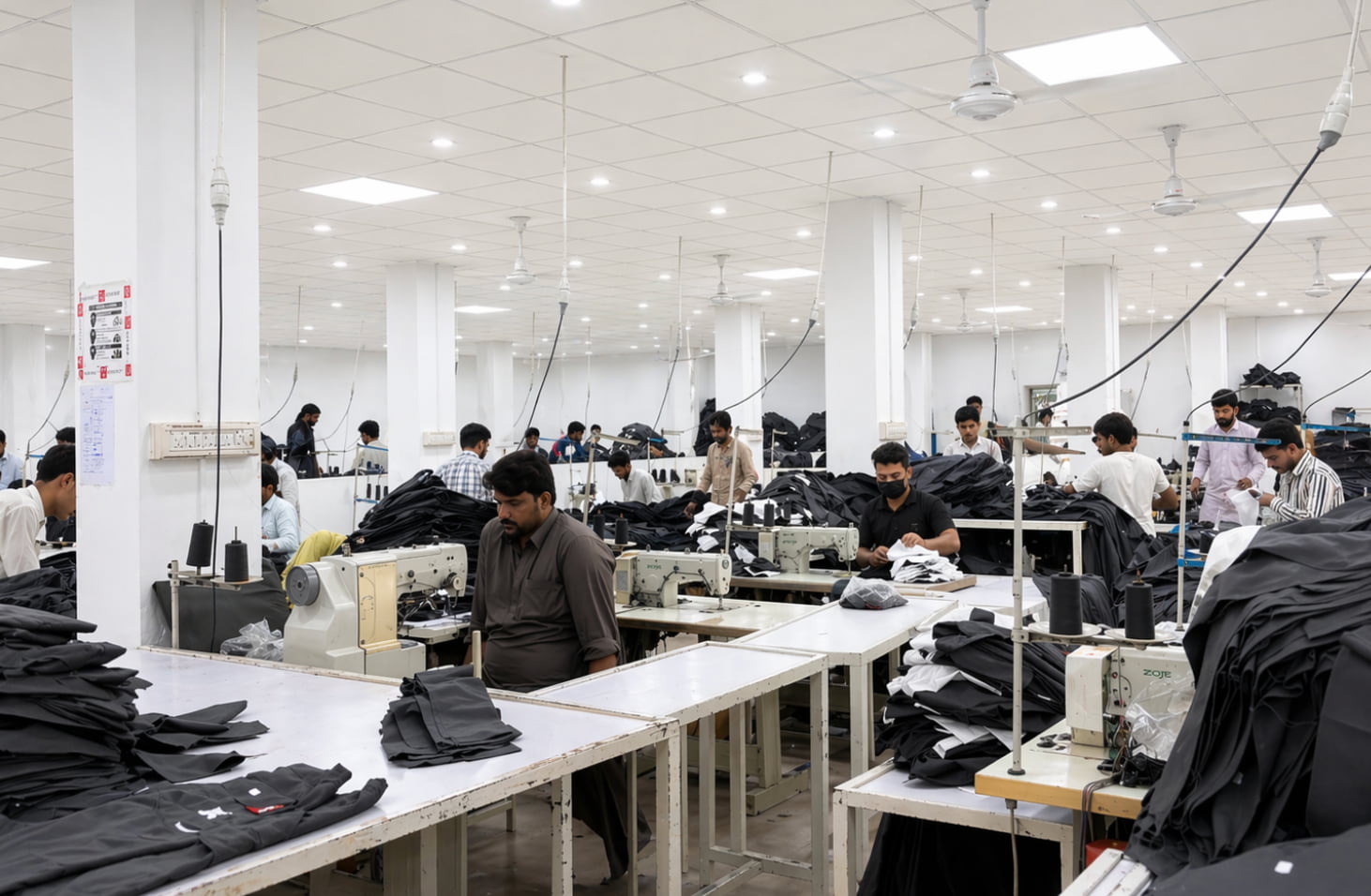 Large stitching hall with operators at industrial sewing machines